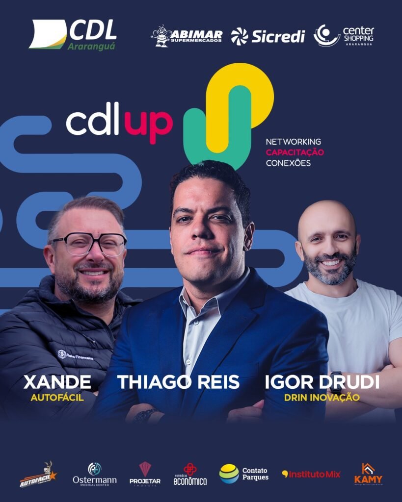 CDL UP traz gigantes do empreendedorismo para Araranguá Araranguá será palco de um dos maiores encontros de empreendedorismo da região: o CDL UP, promovido pela Câmara de Dirigentes Lojistas de Araranguá. O evento acontece no dia 1º de outubro, a partir das 19h, no Contato Eco Parque, e promete uma noite de aprendizado, inovação e networking. A programação contará com palestras de três grandes referências nacionais: Thiago Reis, especialista em vendas com mais de R$ 1,7 bilhão em receitas geradas para clientes nos últimos dois anos; Igor Drudi, fundador da DRIN Inovação, mentor, LinkedIn Top Voice e duas vezes TEDx Speaker; e Xande Autofácil, empresário com trajetória inspiradora e referência em vendas no ramo automotivo. Além do conteúdo de alto impacto, os participantes terão a oportunidade de viver momentos de integração com chopp, coquetel e música ao vivo com Rubens Daniel, encerrando a noite em clima de celebração. Os ingressos já estão disponíveis no Sympla, e os associados da CDL Araranguá têm desconto exclusivo ao adquirir diretamente na entidade. Data: 1º de outubro Horário: 19h Local: Contato Eco Parque O CDL UP é uma realização da CDL Araranguá, com apoio do Sebrae SC, Abimar, Sicredi e Center Shopping Araranguá, e patrocínio de Autofácil Veículos, Ostermann Medical Center, Projetar Imóveis, Contato Eco Parque, Instituto Mix e Kamy Materiais de Construção e Tintas.